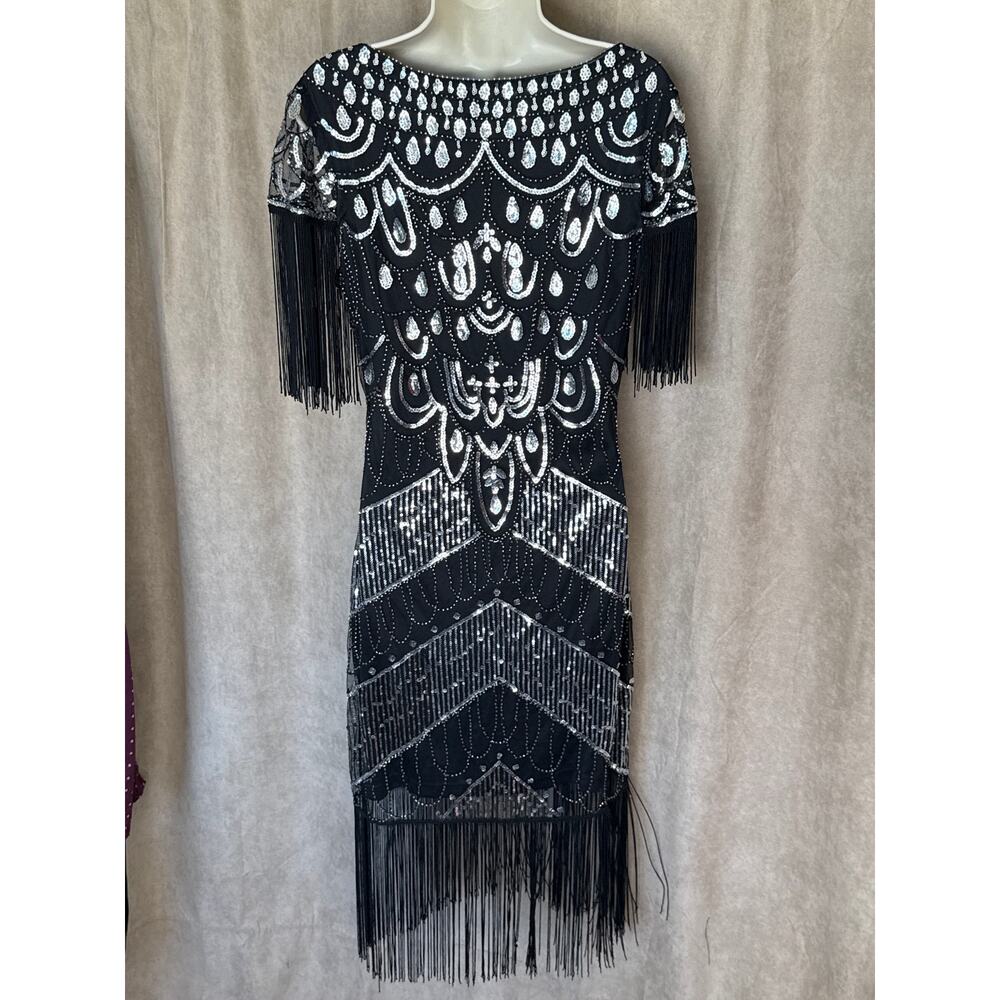 Unique Vintage Black & Silver Sequin Fringe Sleeved Laure Flapper Dress M NWOT - Picture 8 of 10